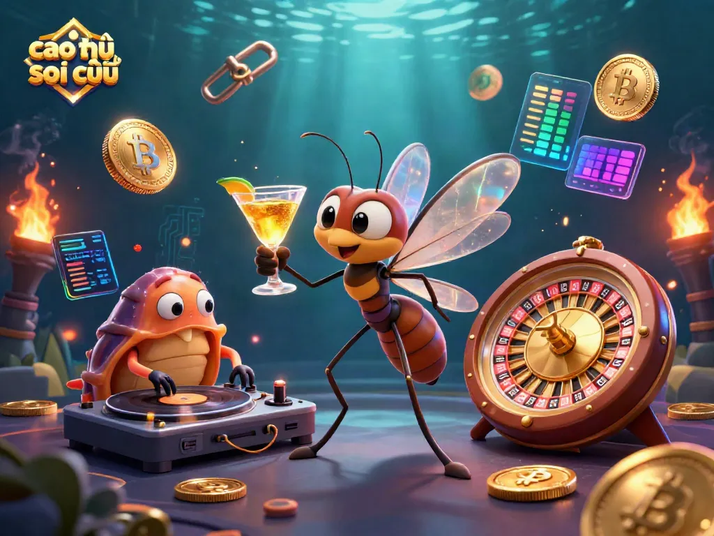 Experience cao thủ soi cầu in a vibrant casino scene with playful 3D characters and glowing crypto elements.