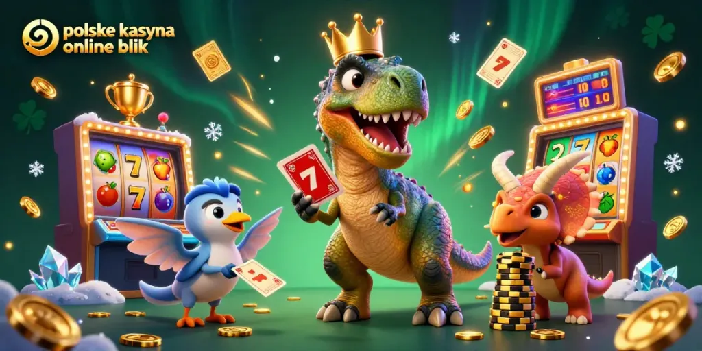 Engage with polskie kasyna online blik through a dynamic scene featuring friendly dinosaurs playing casino games.