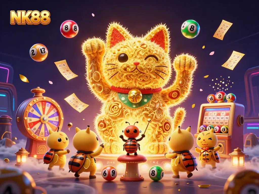 Experience the thrill of NK88 with vibrant casino elements in this dynamic 3D illustration.