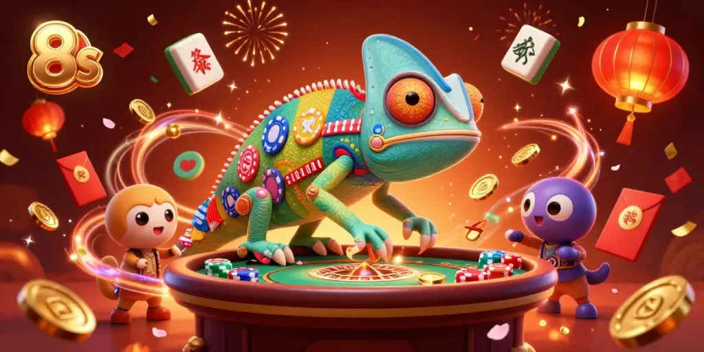 Experience 8s excitement with a vibrant 3D chameleon casino owner and festive gambling elements.