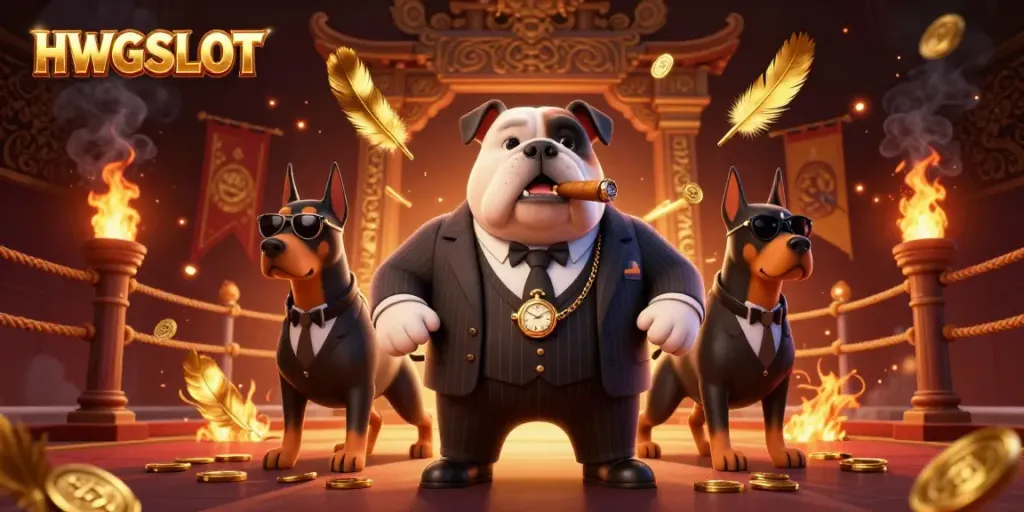 Experience nonstop gaming excitement with HWGSLOT's thrilling casino scene featuring a mafia bulldog boss and his bodyguards.