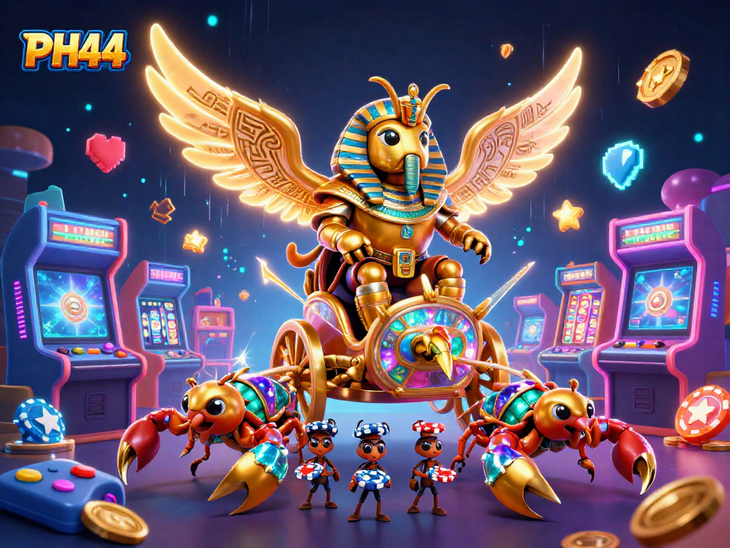 Experience the thrill at PH44 casino with golden beetles, scorpions, and slot games in a vibrant atmosphere.