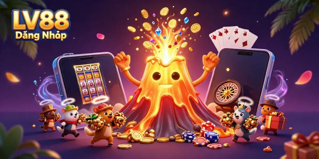 Experience the thrill of LV88 Đăng Nhập with treasures erupting from a vibrant volcano in a dynamic casino scene.