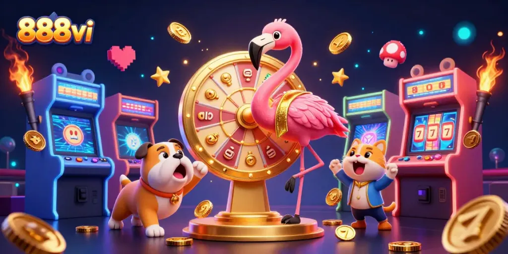 Celebrate wins with 888vi in this vibrant casino-themed illustration featuring game show host, prizes, and arcade elements.