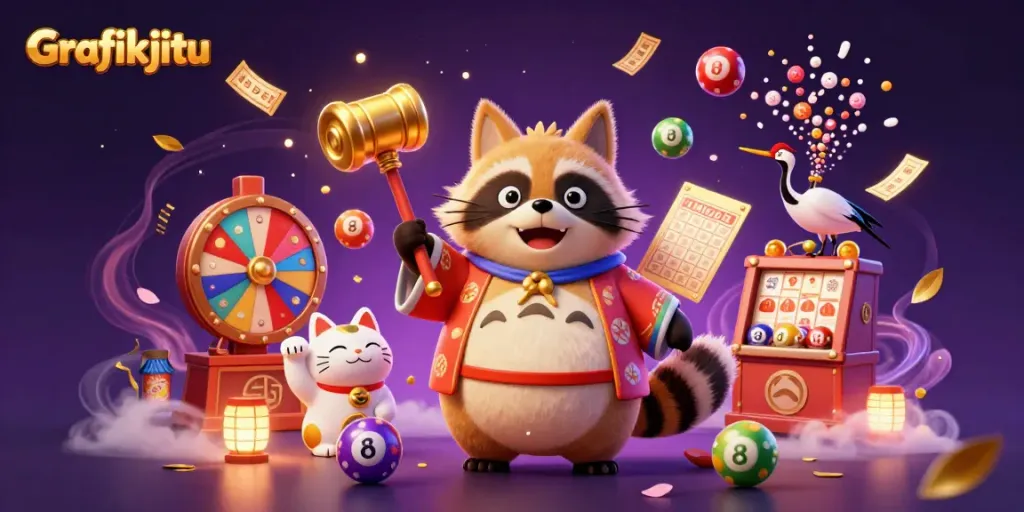 Experience lottery excitement with Grafikjitu's vibrant characters, numbered balls, and prize wheels.