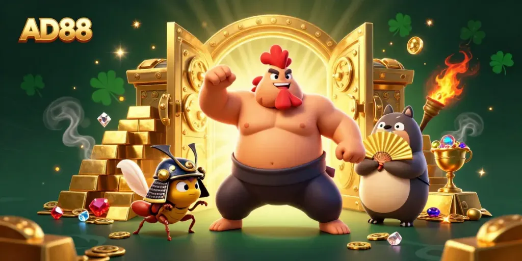Experience the excitement of AD88 with a vibrant casino scene featuring unique characters and golden treasures.