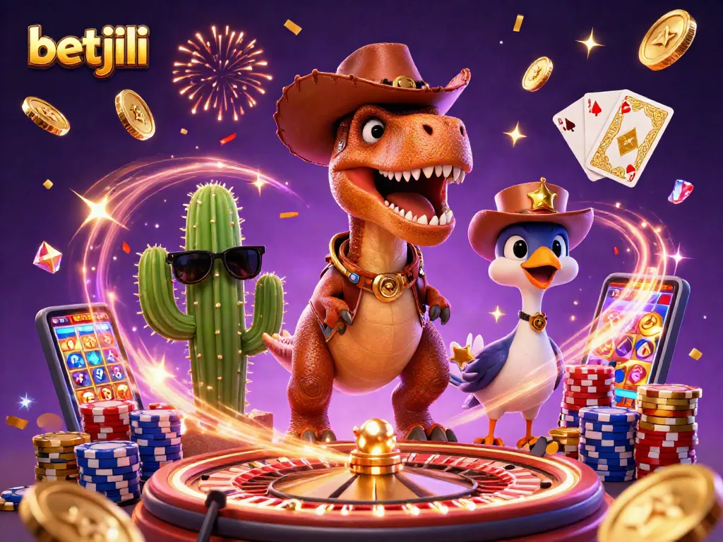 Betjili casino promotion featuring a cartoon dinosaur and casino elements celebrating wins.