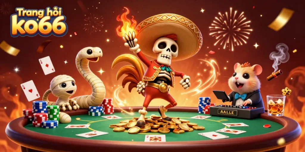 Experience the excitement of Trang chủ ko66 with dynamic characters and vibrant casino elements celebrating together.