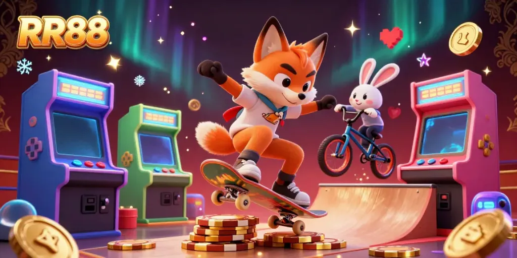 Experience RR88 with a vibrant scene featuring a skateboarder fox and BMX rabbit in a lively casino atmosphere.