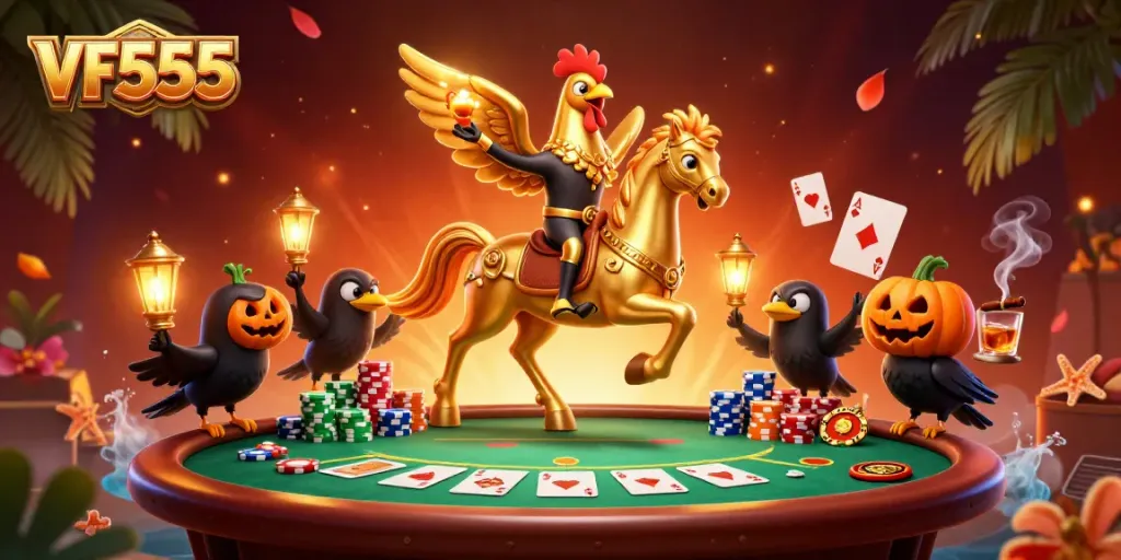 Experience thrilling gameplay at VF555 with a vibrant 3D casino scene, showcasing poker action and immersive characters.