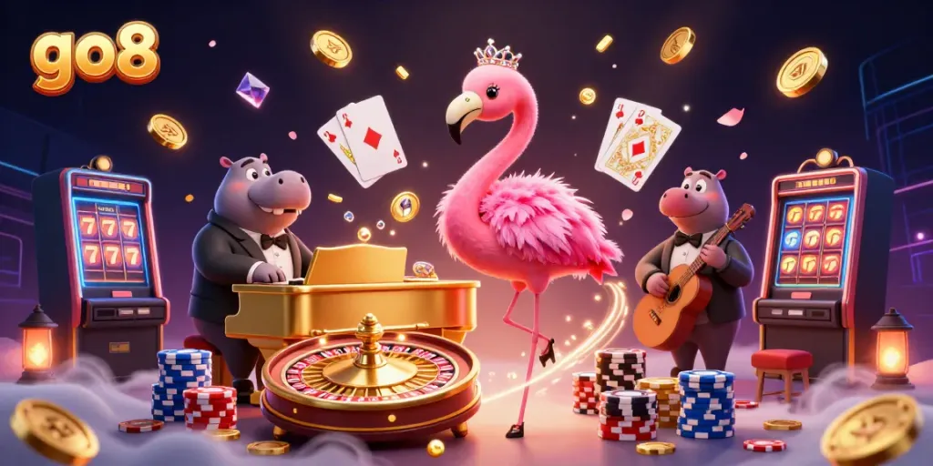 Experience the excitement at go8 with a lively casino scene featuring a flamingo singer and a hippo bassist amidst coins and gems.