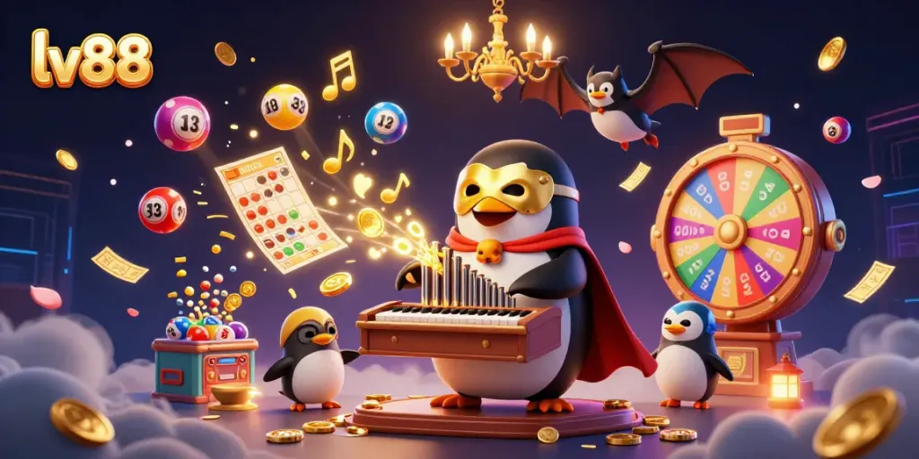 Experience thrilling games at lv88 with a vibrant scene showcasing a penguin playing for jackpots.