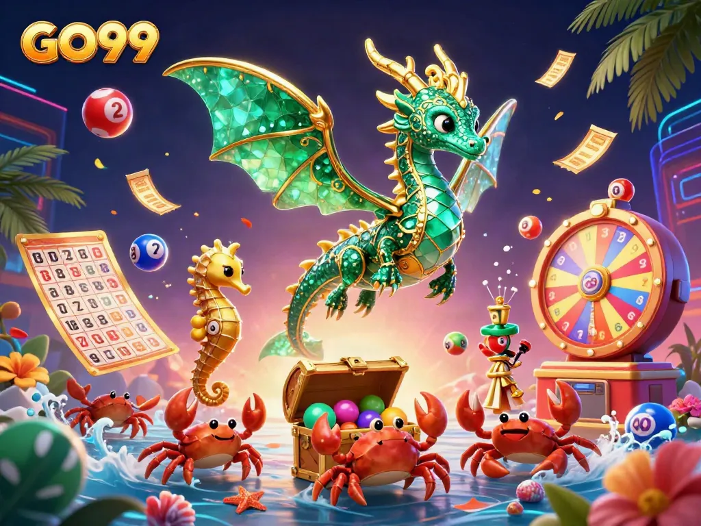 Engage with GO99's vibrant casino scene featuring a majestic emerald sea dragon amidst dynamic game elements.