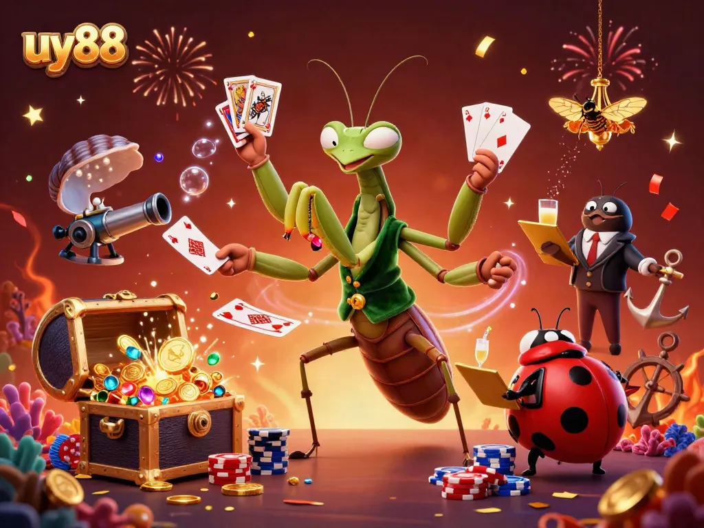 Engage with mundo uy88 as a giant praying mantis card sharp interacts in a colorful gambling scene.