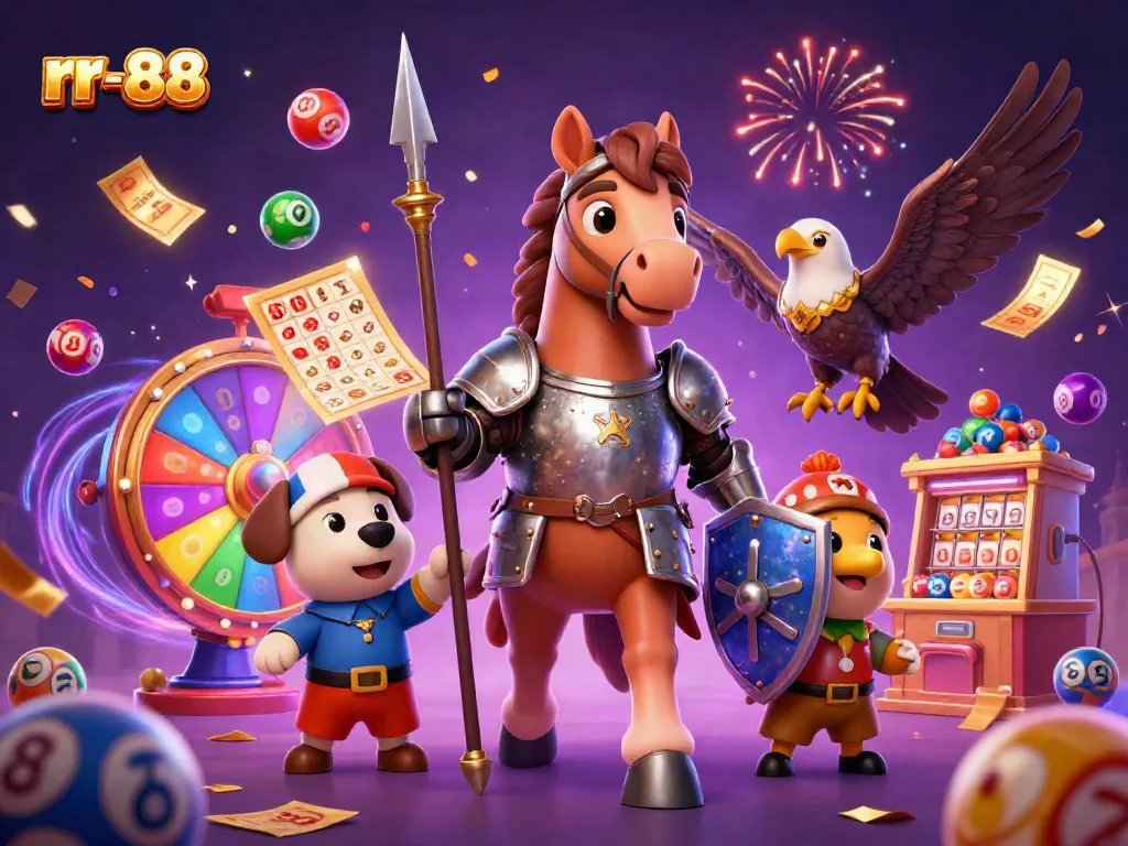 Experience thrilling gaming with rr-88 through a vibrant, colorful celebration scene featuring medieval characters and lottery elements.