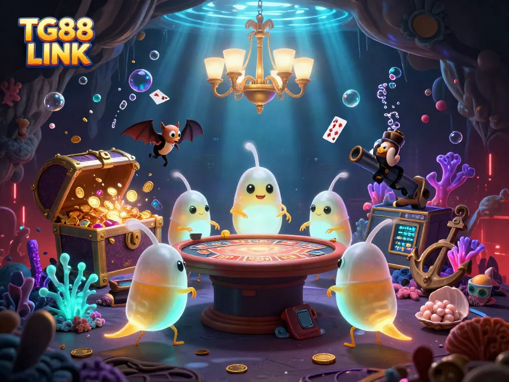 Experience the excitement of TG88 LINK in a vibrant casino scene with glowing elements and a bat dealer