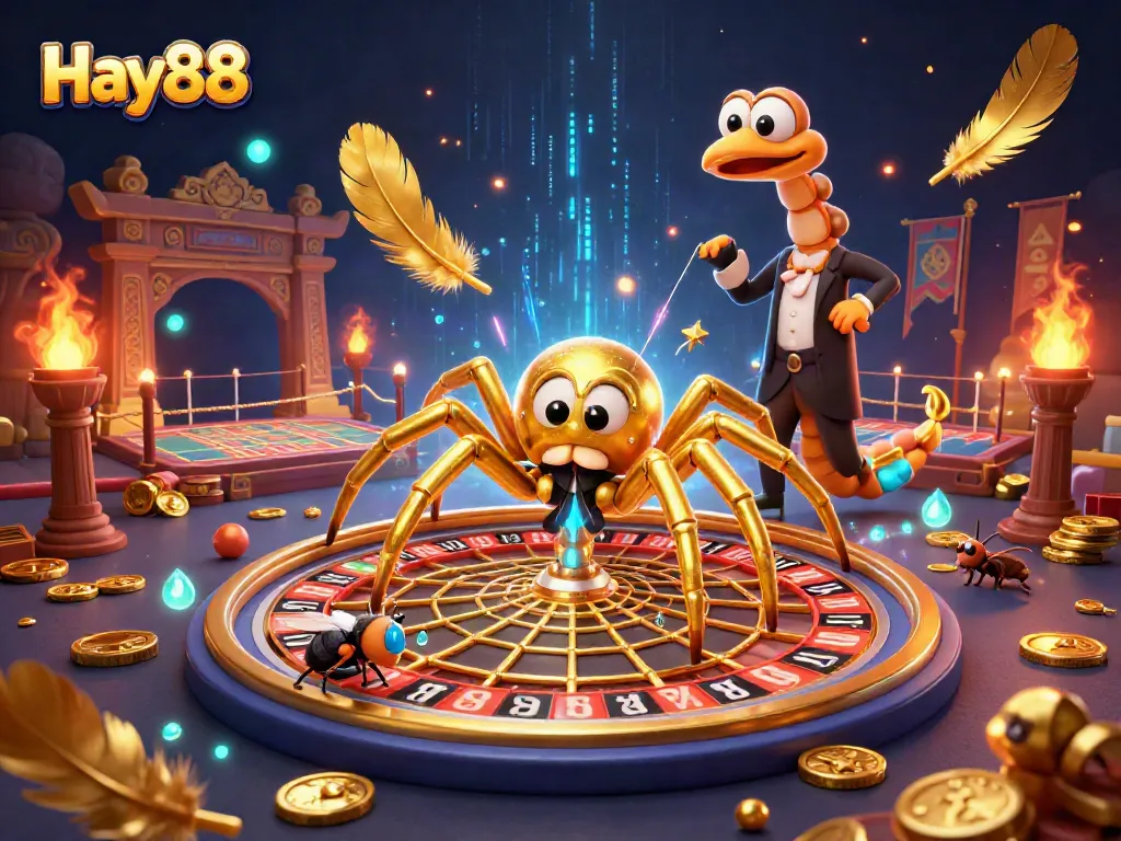 Place bets with Hay88 as a golden spider spins its roulette wheel web illustration.