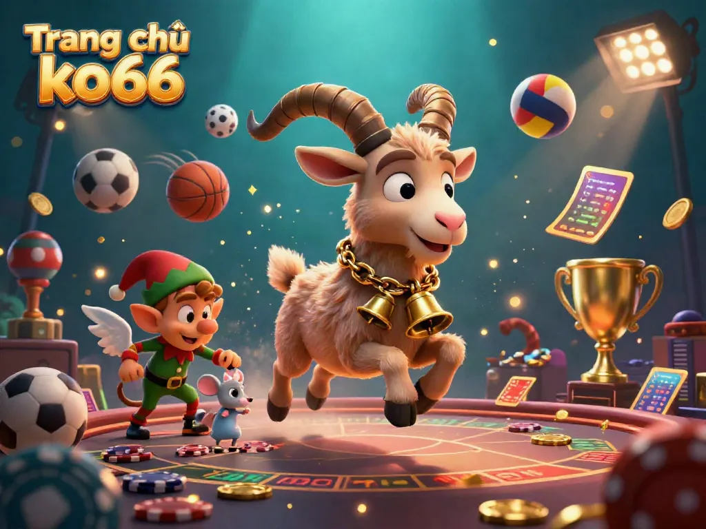Engaging illustration featuring Trang chủ ko66 with cartoon characters amid a lively casino scene filled with gambling elements.