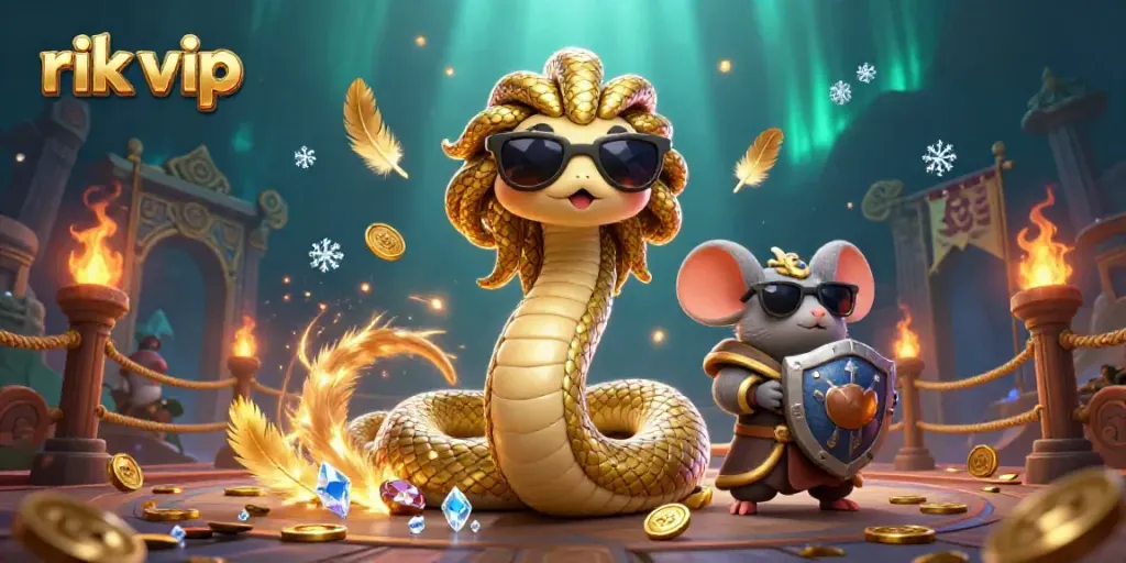 Engage with rik vip in a vibrant 3D illustration of Medusa and a warrior mouse in a dynamic casino setting.