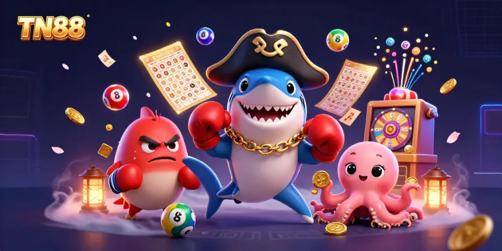 Experience fun gaming action at TN88 with lively characters and colorful lottery elements.