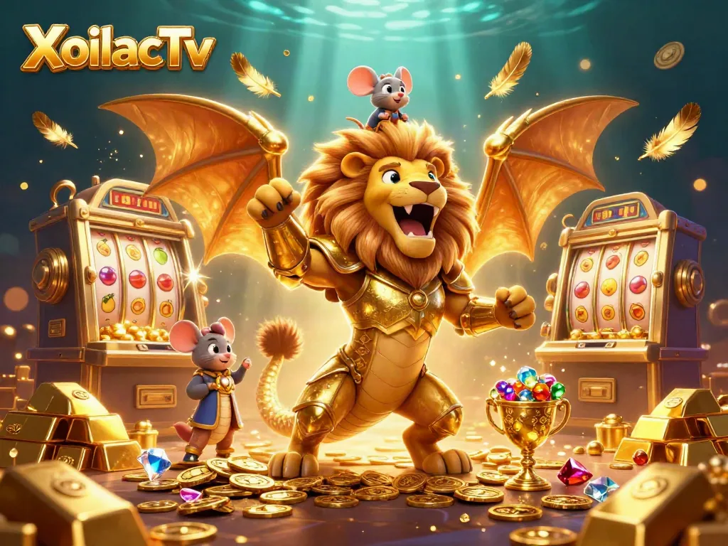 XoilacTv soaring above gold bars and slot machines, captivating online casino excitement.