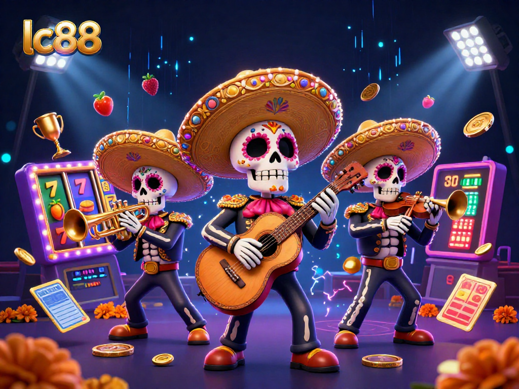 Engage with lc88's vibrant casino scene featuring Dia de los Muertos musicians and exciting slot reels.