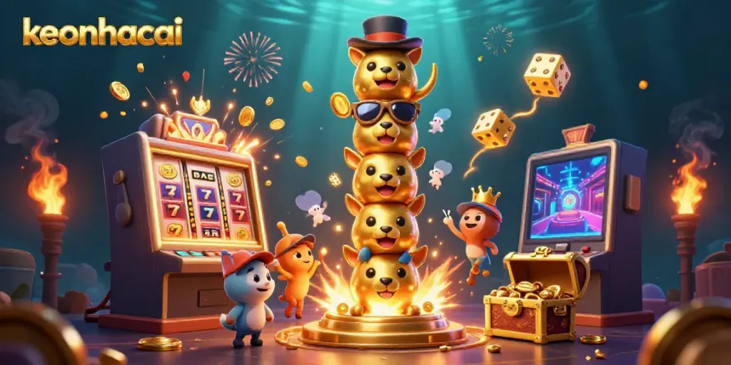 Engaging keonhacai scene with dynamic golden totem pole, slot machine, and rich casino elements.