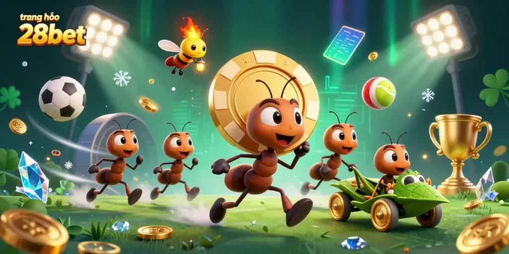 Catch winning moments at trang chủ 28bet with a dynamic heist scene featuring ants and sports elements.