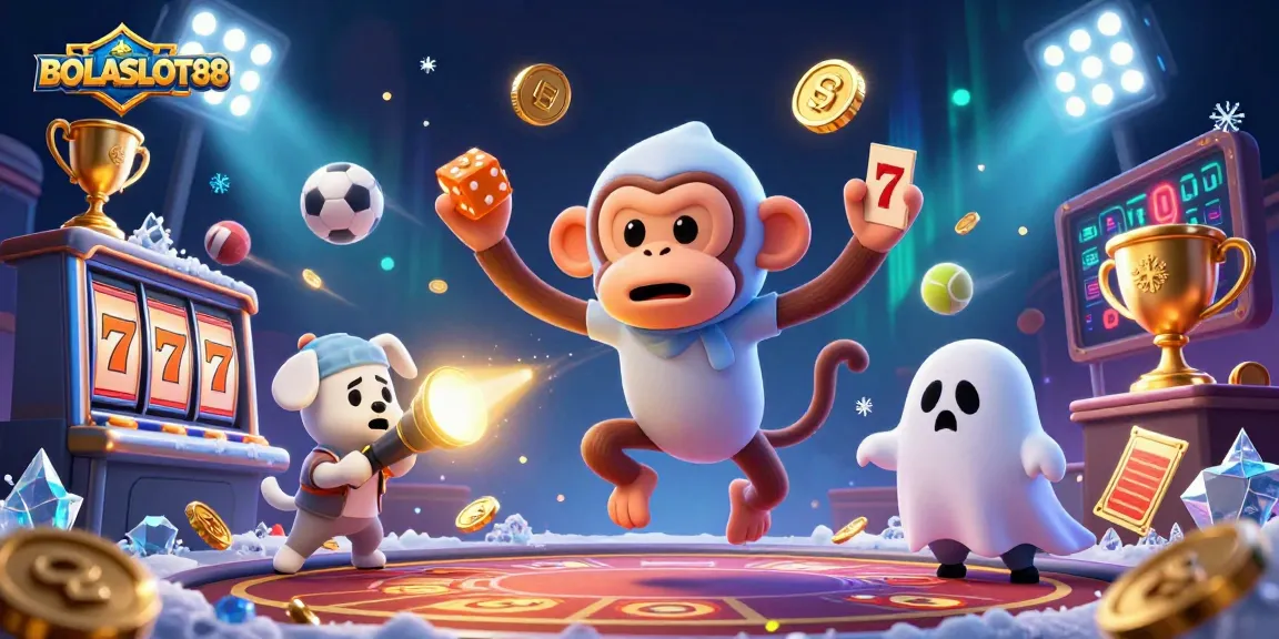 BOLASLOT88 showcases a playful poltergeist monkey juggling gold elements in a haunted casino.