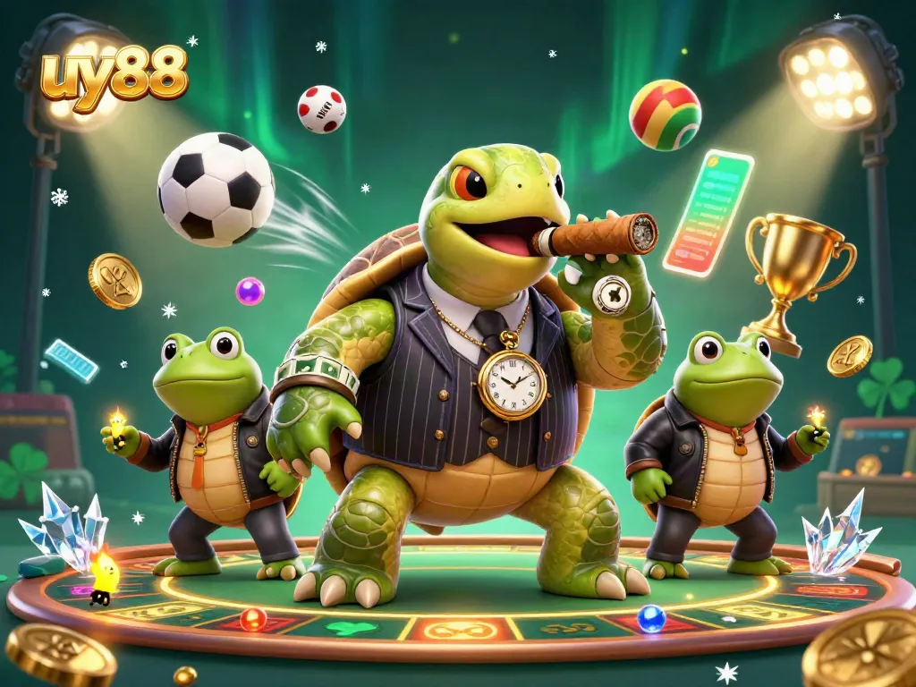 Engage with thrilling gaming action at uy88, featuring a snapping turtle and bullfrog enforcers in a vibrant casino atmosphere.