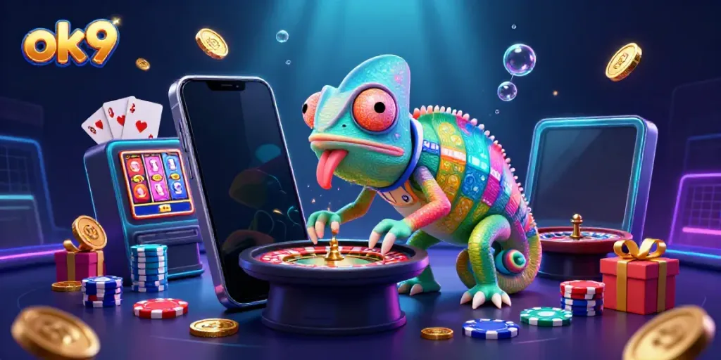 Engage with ok9 in a vibrant casino scene featuring a chameleon owner and dynamic gaming elements.