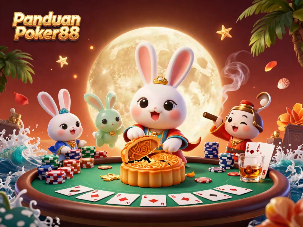 Engage with Panduan Poker88 in a vibrant 3D illustration featuring poker elements and a lunar theme.