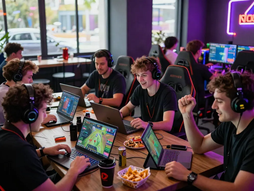 Interactive gaming lounge scene showing players enjoying https://hitclubt3.com/ in a vibrant, social atmosphere.
