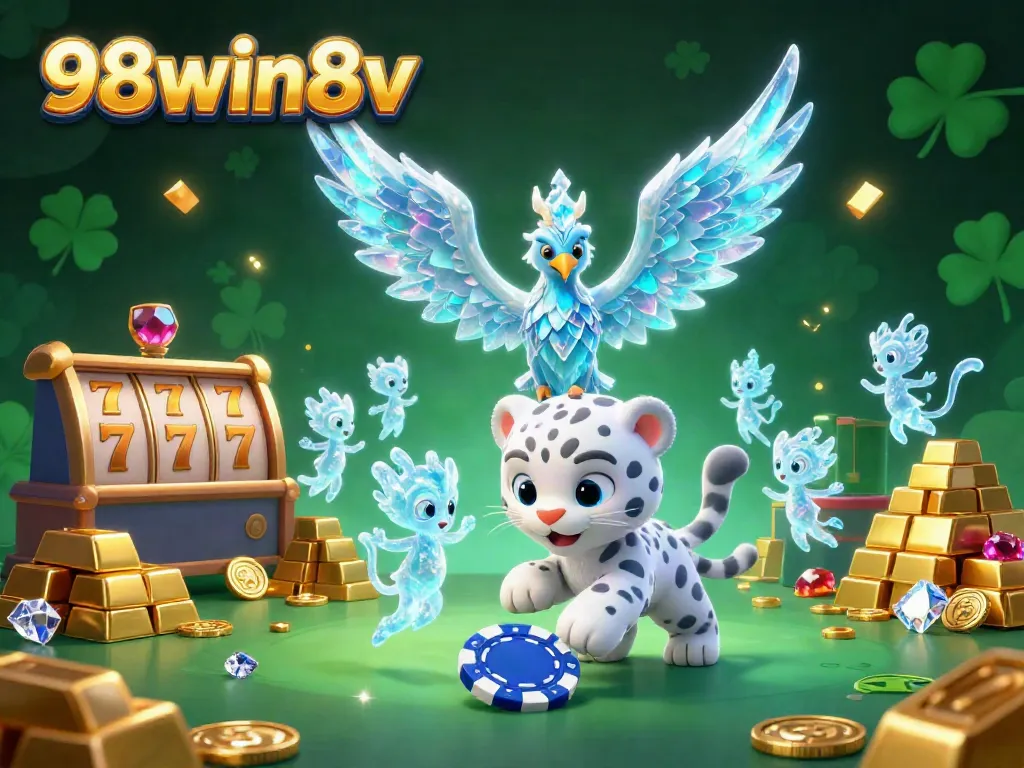 Experience the enchanting world of 98win8v with a vibrant illustration of ice-themed gambling characters playing among sparkling treasures.