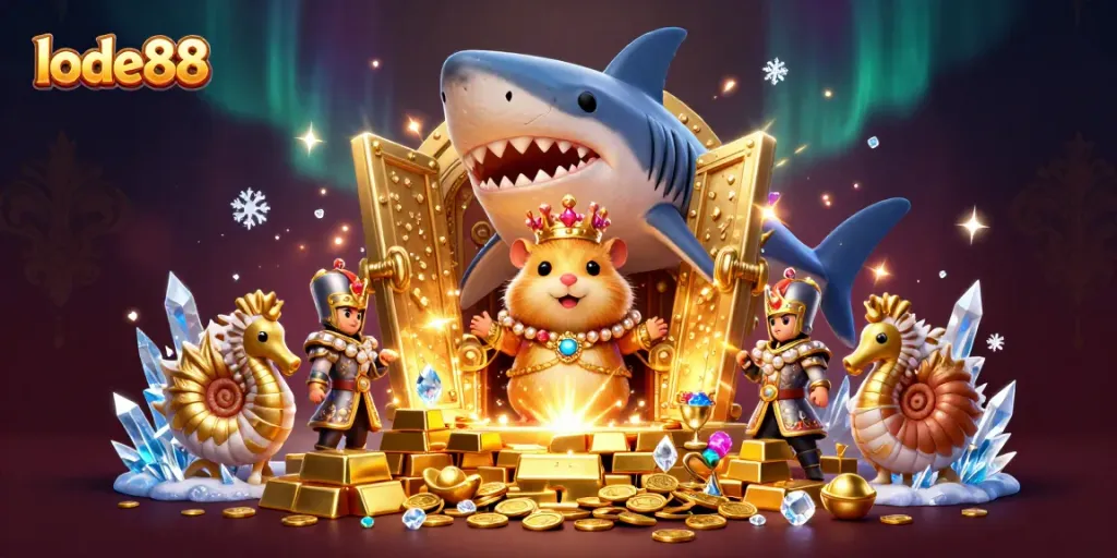 Experience winning at lode88 with the king's throne and royal treasure in a vibrant casino scene.