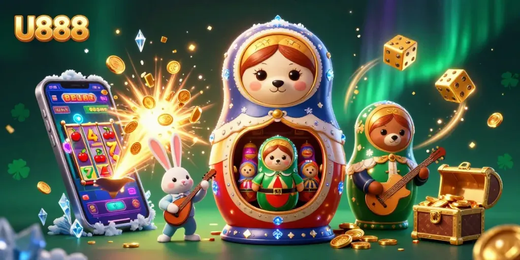 U888's lively scene showcases excited players winning big at the online casino with colorful game elements.