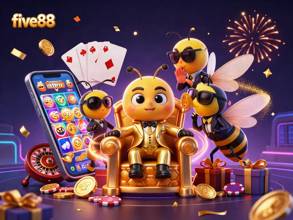 Experience the thrilling world of five88 with vibrant slot games and energetic casino elements in a 3D illustration.