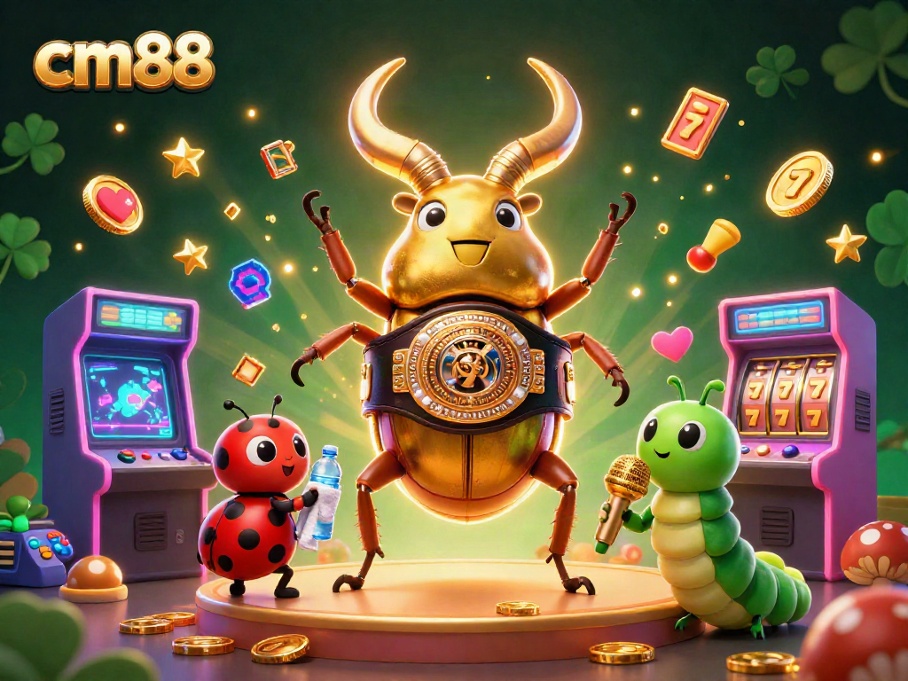 Engage with cm88's vibrant casino illustration featuring a boxing stag beetle and dynamic game elements.