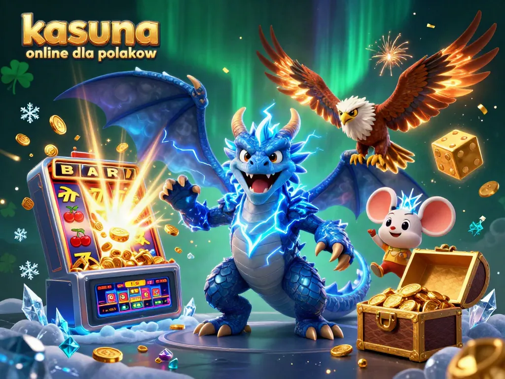 Win at kasyna online dla polakow with vibrant 3D illustration of slot machines and colorful gambling elements.