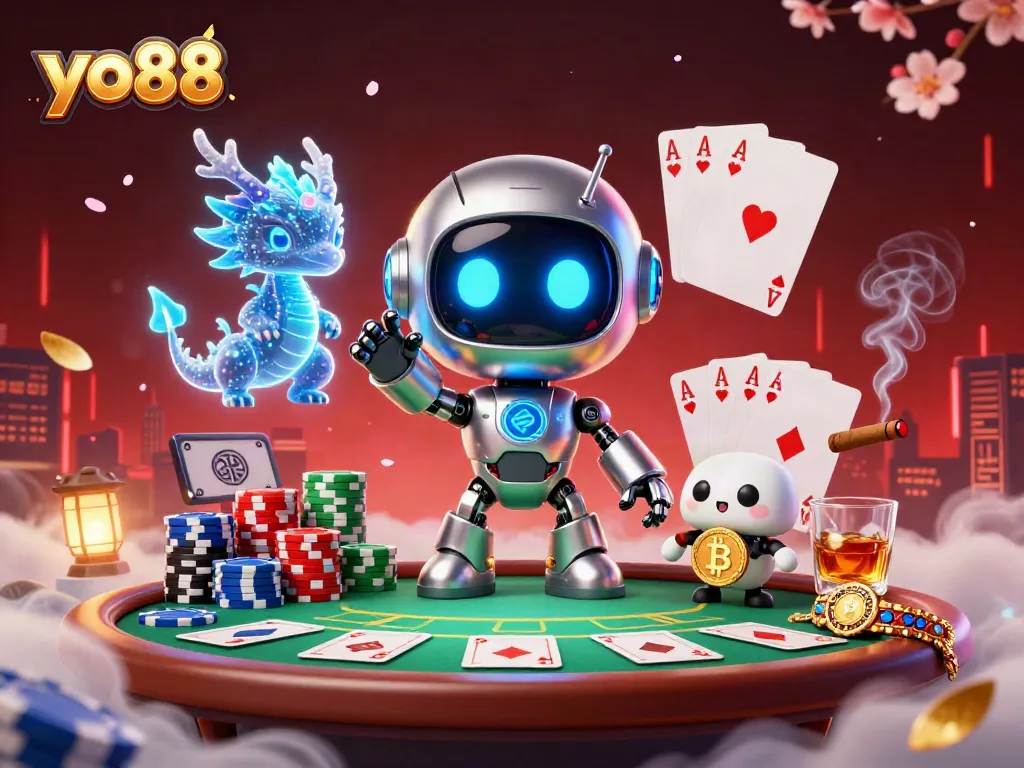 Experience thrilling poker action with yo88 in a vibrant 3D cyberpunk casino setting.