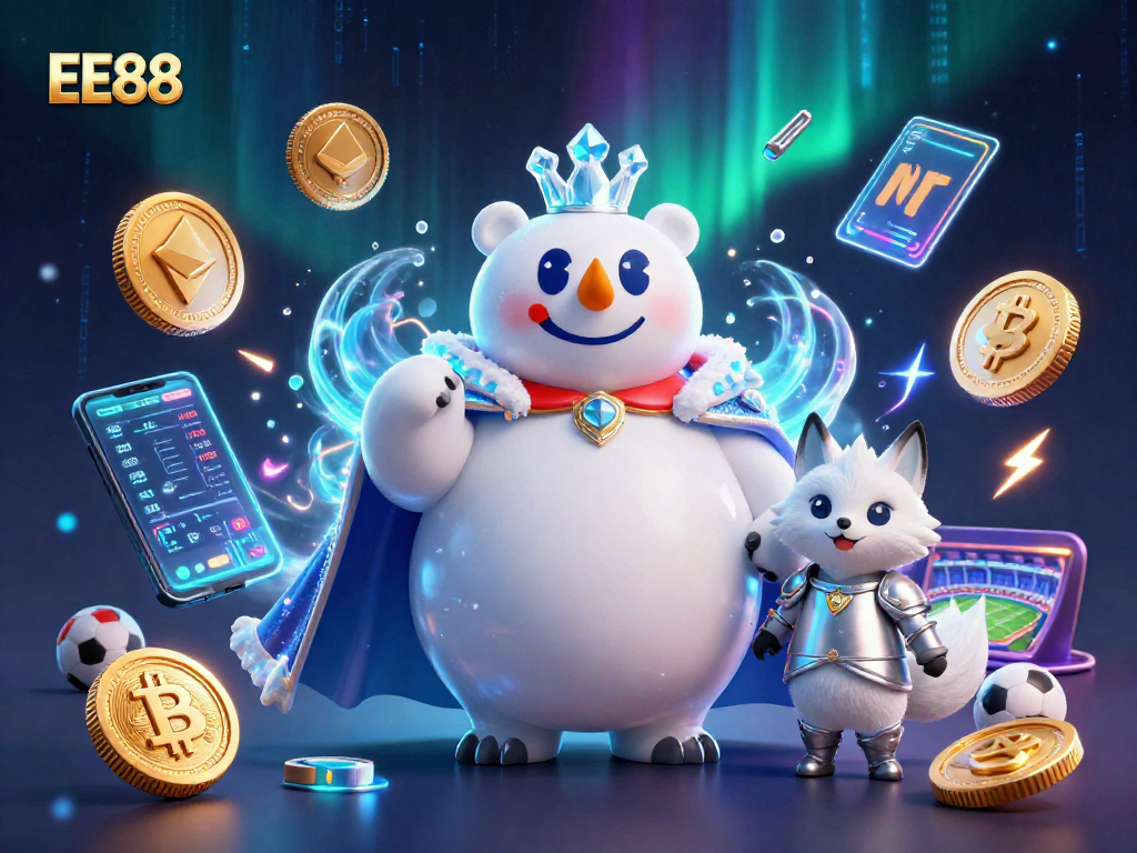 Win big with EE88's vibrant 3D casino art showcasing crypto elements in a lively gambing scene.