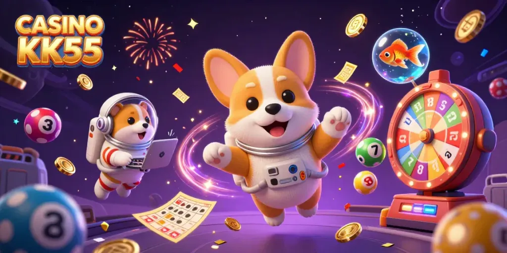 Experience the excitement of CASINO KK55 with floating 3D characters and vibrant casino-themed elements