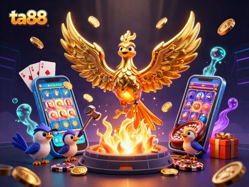 Experience the thrill of ta88 as a golden phoenix rises amidst casino excitement with dynamic games and prizes.