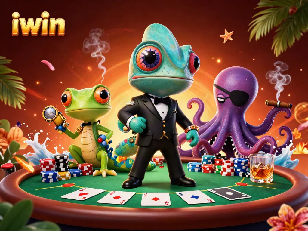 iwin delivers exciting poker action with a secret agent chameleon and gambler characters.