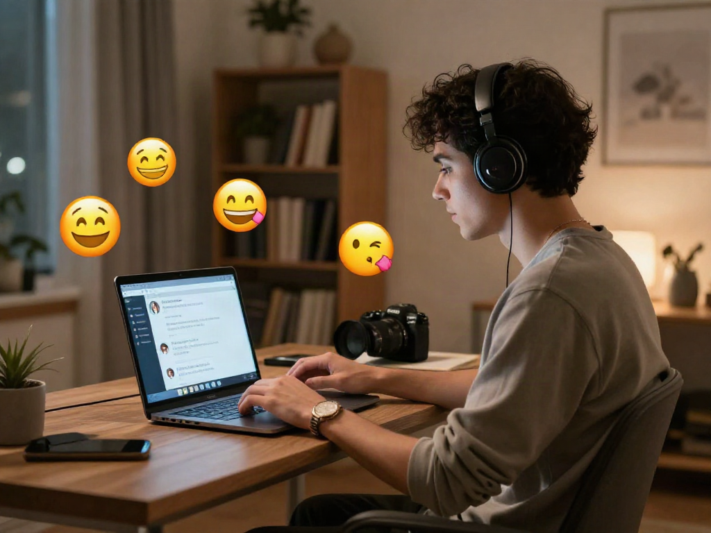Engaging AI chat NSFW environment with cozy home office, digital chat interface, and playful emoji graphics