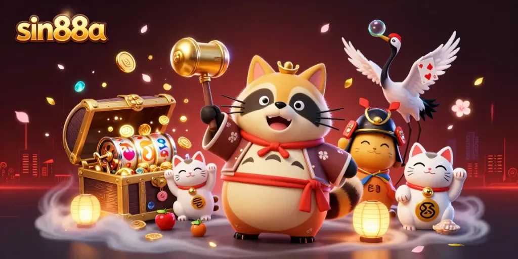 Experience thrilling gaming at sin88a with cheerful tanuki, samurai crane, and colorful maneki-neko amidst slots and treasures.