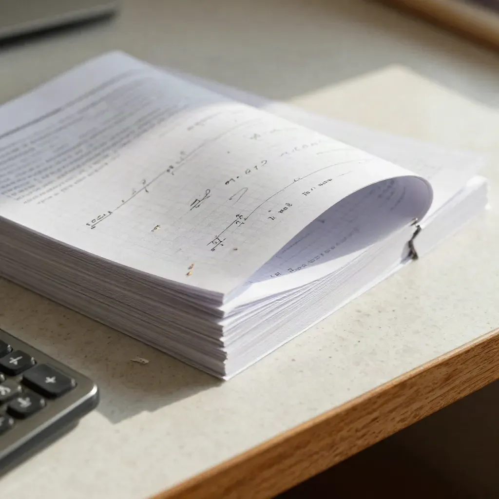 Arkusze z matematyki na biurku, zgięta karta i kalkulator przy ciepłym świetle