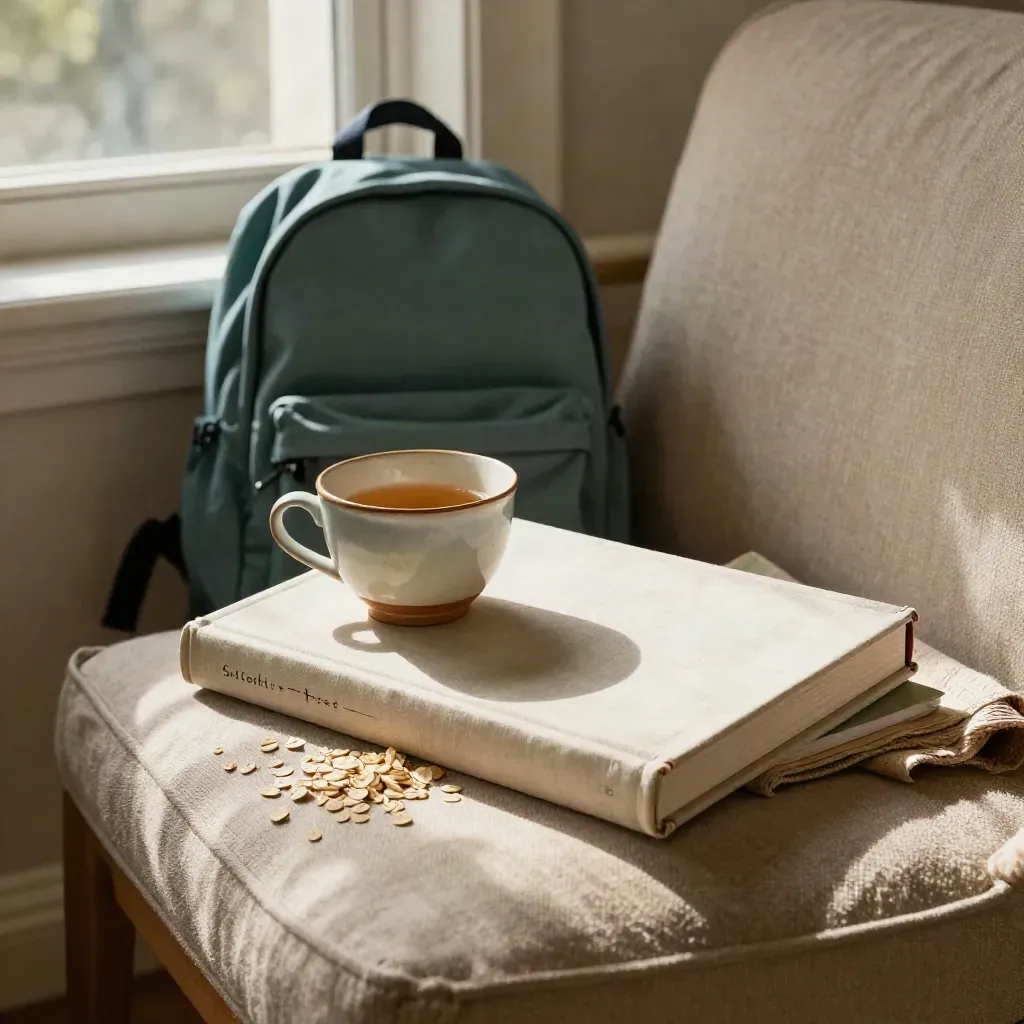 Zamknięty poradnik dla rodziców, filiżanka herbaty, koc i plecak przy oknie.