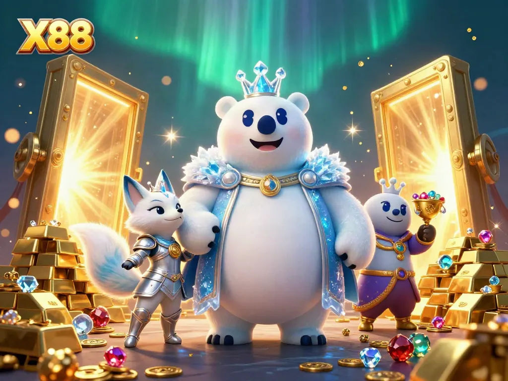 X88 engages players in a captivating 3D casino experience with vibrant treasure elements and enchanting characters.