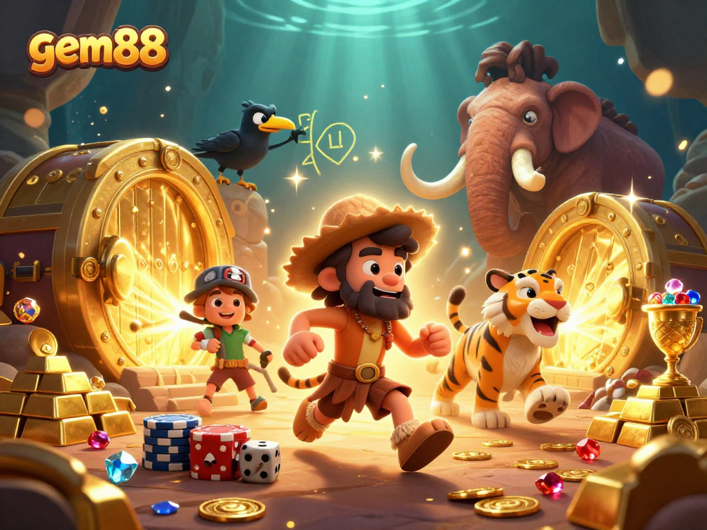 Join the fun at gem88's prehistoric casino featuring vibrant characters and exciting winning moments.